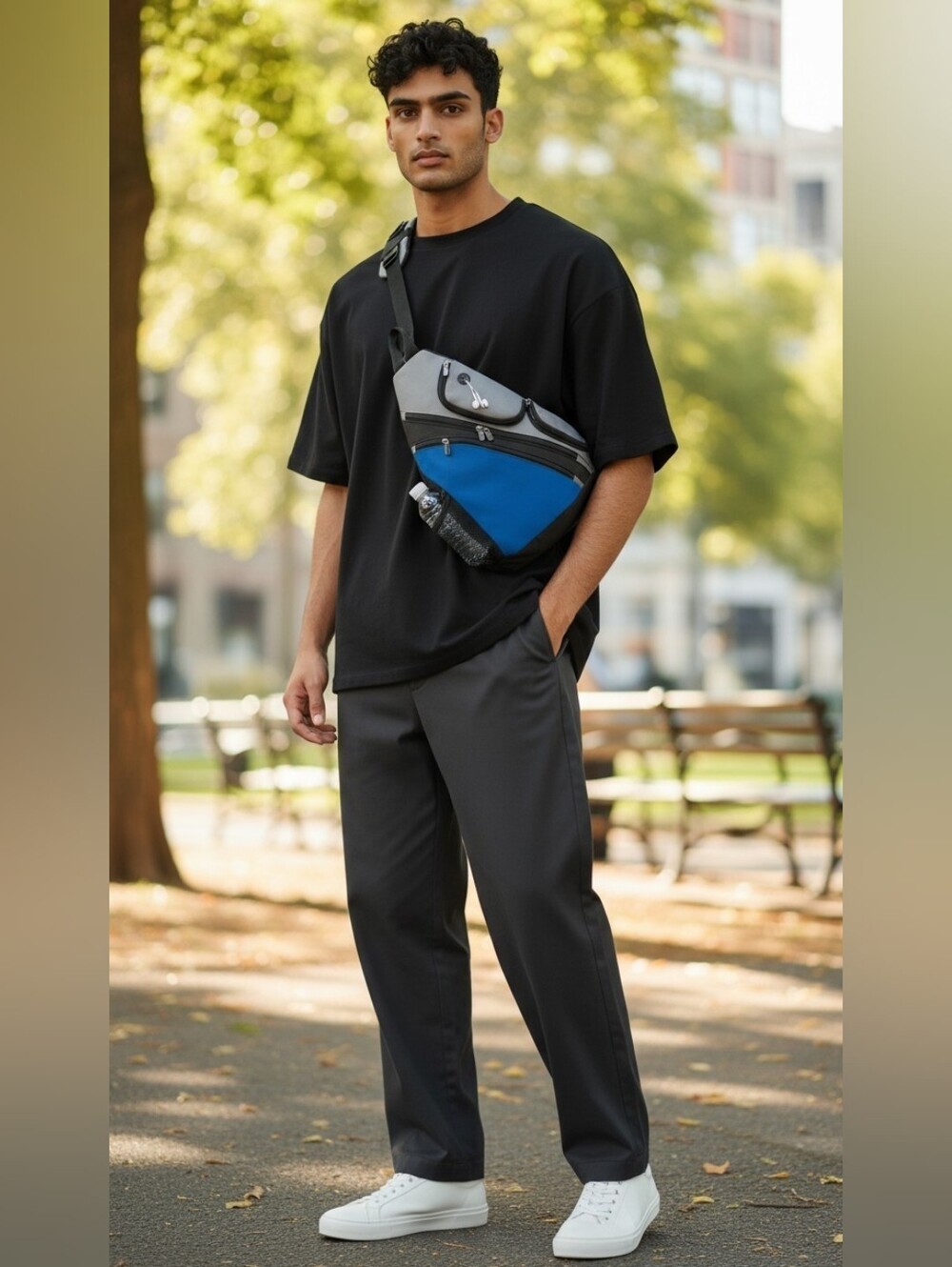 Men's Gray and Blue Sling Backpack with External Bottle Pocket